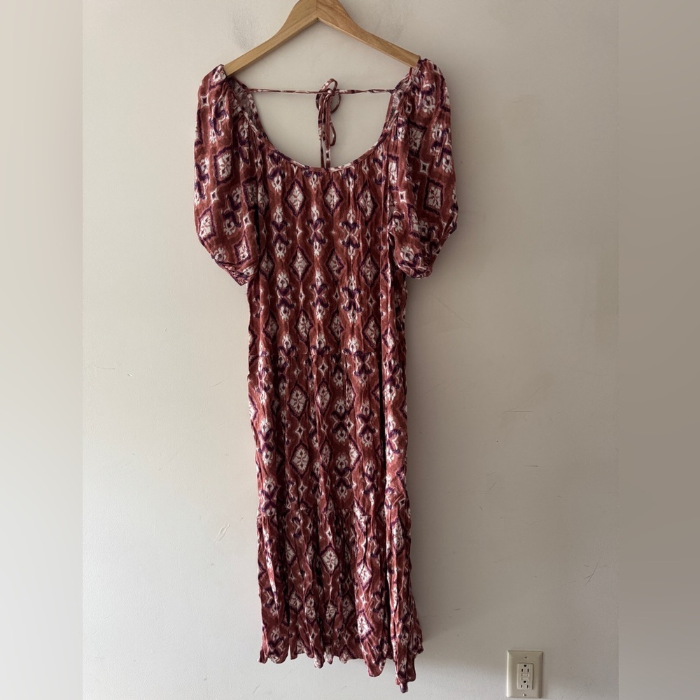NEW!! Knox Rose Puff Sleeve Tiered A-Line Midi Dress Cognac Brown Boho Floral